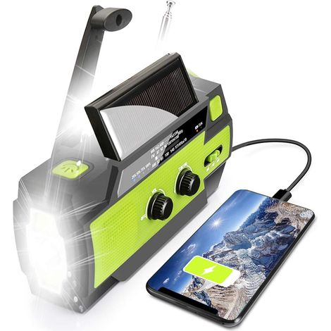 Radio météo d'urgence, à manivelle, batterie 5000 mAh, portable, chargement solaire, radio AM/FM, 3 lampes torches LED, alarme SOS. (1/5)