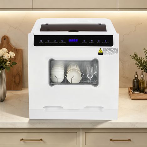 【Maison connectée】Mini lave-vaisselle portable de comptoir, 5 programmes, 6 couverts, raccordement robinet, commande tactile avec affichage LED, fonction lavage fruits, sans installation, blanc [Class (1/5)
