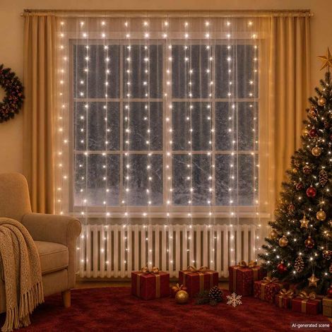 Rideau lumineux LED 3 x 3 m 300 LED blanc froid guirlande décorative 8 modes USB - PANGIVO (1/5)