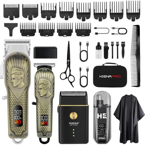 Professional Hair Clippers for Men, Cordless Hair Clipper for Barber and LED Trimmer with Aluminum Shaver, Nose Trimmer, Rechargeable Hair Cutting Kit