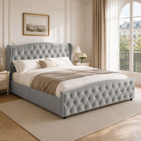 Lit coffre 160x200 cm avec sommier, lit double rembourré avec rangement hydraulique, lit 160x200 capitonné avec tête de lit cloutée design moderne confortable, velours gris