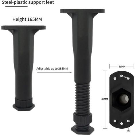 Support Telescopique Pour Meuble - Hauteur Réglable 13,5 À 37,5 Cm - Base Hexagonale Antidérapante - Fixation 6 Trous - Noir - 1 Pièce (1/5)