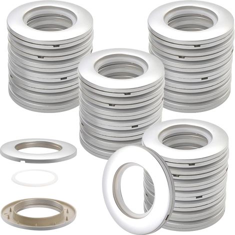 Lot de 32 anneaux de rideau - Œillets en tissu ronds - En plastique - Clips - Diamètre intérieur : 40 mm - Pour rideau de fenêtre et douche - Argenté mat (1/5)