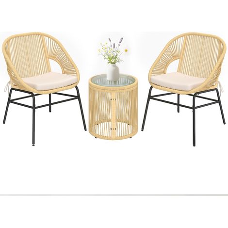 Ensemble Bistro 3 Pièces avec 2 Fauteuils Confortables et Table en Verre Trempé Beige Coussins Déhoussables pour Balcon (1/5)