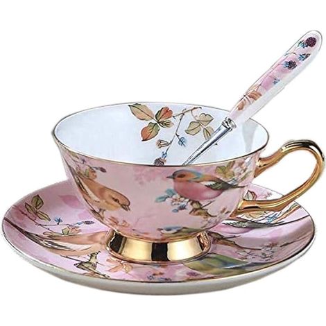 Set de Tasses et Soucoupes en Porcelaine Osseuse, Tasse à thé et Café en Céramique pour la Maison, la Cuisine et le Mariage - Motif Oiseaux (Rose Clair) (1/5)