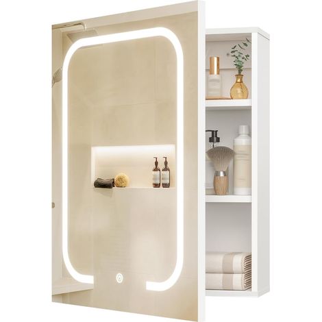 Armoire de Toilette avec Miroir et Éclairage, 3 Températures de Couleur, Armoire Murale, Meuble de Rangement pour Petit Espace 45 x 60 cm, avec Étagères Réglables, Port USB, Blanc (1/5)