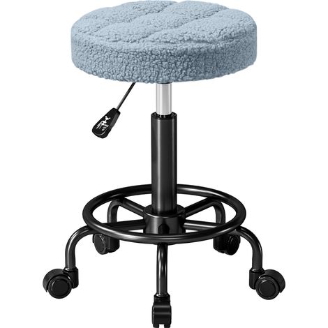 Beyamis Drehbarer runder Hocker mit Rollen, höhenverstellbar von 50 bis 66 cm, Sitzfläche bezogen mit blauem Lammleder.