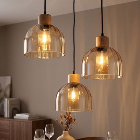 LED Pendelleuchte Hängelampe Metall schwarz matt Glas Holz Esszimmerlampe H130cm (1/5)