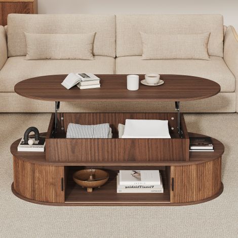 Table basse réglable en hauteur 100×50×40cm, jusqu'à 55cm, table d'appoint, table de canapé ovale avec portes enroulables, grand espace de rangement, table de salon avec mécanisme de levage hydrauliqu (1/5)