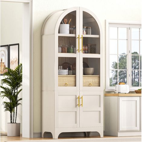 Hoher Küchenschrank mit verstellbaren Einlegeböden und Riffelglas, 76x40x180 cm, Weiß OKMYHOME (1/5)