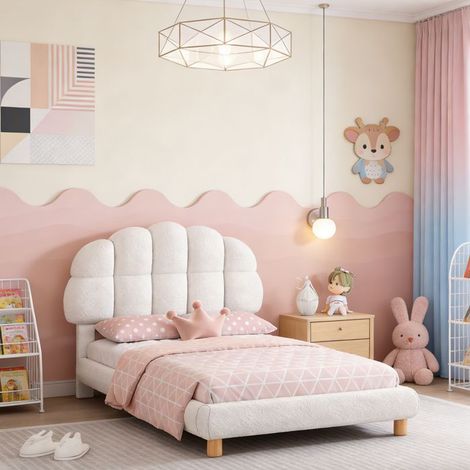 Cama infantil - Cama individual 90x200 - Cabecero ajustable - Somier de lamas - Blanco