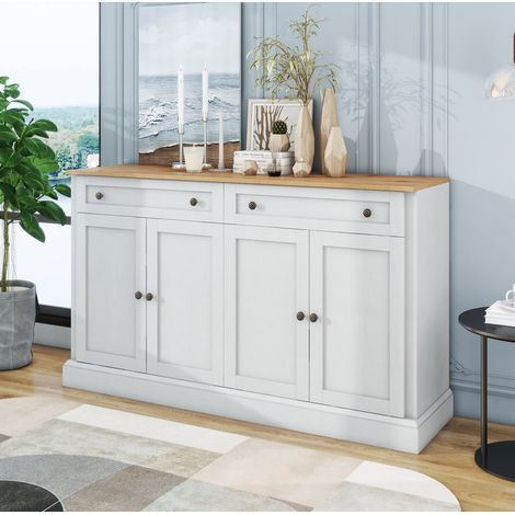 Sideboard aus Spanplatte in Weiß/Naturholz, 150x40x86 cm, mit 4 Türen, 2 Schubladen und verstellbaren Einlegeböden (1/5)