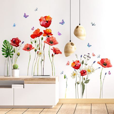 Sticker mural coquelicot fleur rouge Stickers muraux plantes papillon Stickers muraux chambre salon cuisine décoration murale (1/5)