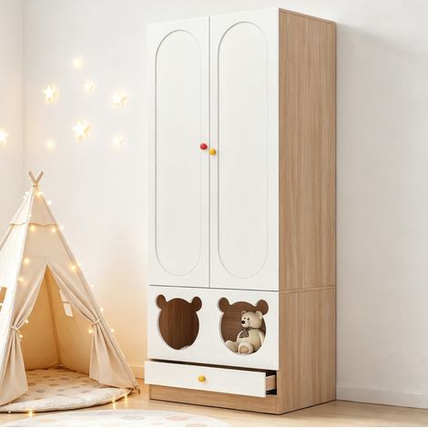 CHICFURN Armario infantil 2 puertas 80 x 50 x 200 cm MDF blanco/madera, barra y cajones (1/5)