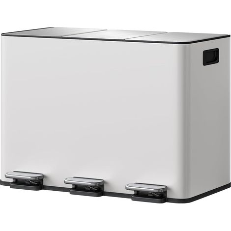 Poubelle à pédale 3 compartiments inox 45L, Couvercle fermeture douce, Bacs intérieurs amovibles, Tri des déchets efficace, Blanc (1/5)