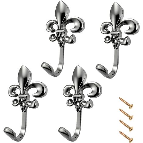 Crochets muraux argentés Embrasses de rideaux design fleur de lys en métal vintage avec vis Patères décoratives pour armoire de salle de bain de salon (1/5)