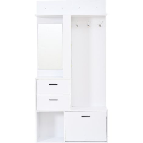 Garde-robe multifonction en MDF blanc avec miroir, 2 tiroirs, 3 crochets et rangement chaussures, 90x30x180 cm (1/5)