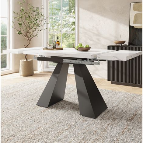 Tavolo da pranzo allungabile in MDF bianco e nero effetto marmo 99-159x74x77 cm con gambe in metallo (1/5)