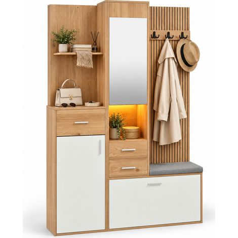 FurnitureR Meuble à chaussures entrée avec miroir, banc, tiroirs et LED, meuble de rangement pratique avec espace chaussures pour organiser l'entrée de la maison (1/5)