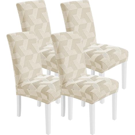 Housses de chaise extensibles 4 pièces, motif géométrique, beige et jaune (1/5)