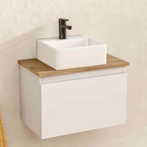 BELLOBATH – Hängender Badezimmerschrank mit quadratischem Keramikwaschbecken, Badezimmerschrank mit Waschbecken und 1 Schublade, 49,5 x 32 x 30 cm, Möbel in Weiß/Eiche