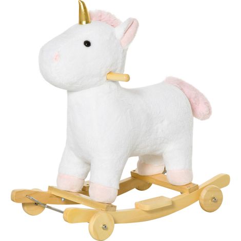 Cheval à bascule pour enfants en forme de licorne avec base courbée et roues, cheval à bascule 2 en 1 avec sons intégrés et revêtement en peluche, pour enfants de 3 à 6 ans, 63x38x63cm, Blanc (1/5)