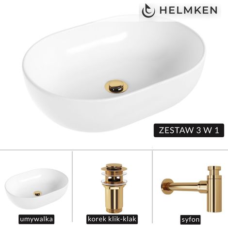 Lavabo de encimera Helmken 83648000 (48x34) Blanco + Sifón dorado + Tapón de clic dorado (1/5)