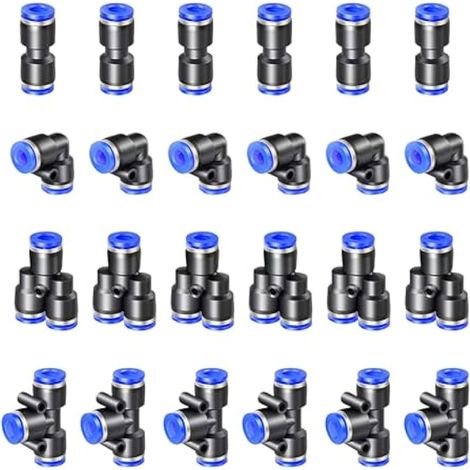 24 pcs Bleu Raccords Rapides pneumatiques, Raccords Rapides Pneumatiques Tuyau Pneumatique Connecteur 4 Formes, Droits Type/Coudés Type/Y Type/T Type/Combo Connecteur Pneumatique(12mm) (1/5)