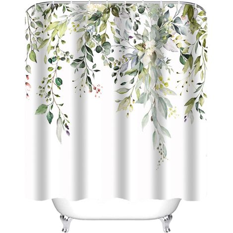 1 rideau de douche, motif feuilles aquarelle, 183 cm x 183 cm, polyester imperméable, avec 12 crochets ABS (1/5)