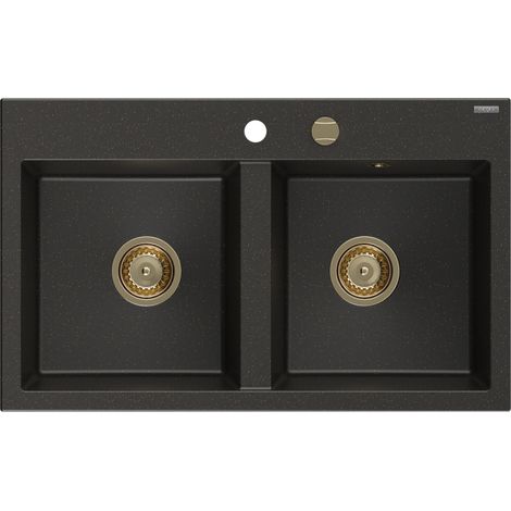 Mexen Hektor évier en granit à 2 bacs 800 x 480 mm, noir/doré métallisé, siphon doré - 6521802000-75-G (1/5)