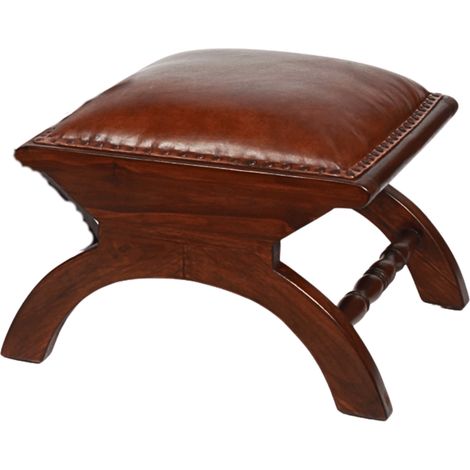 Poggiapiedi in pelle e teak in stile coloniale - Elegante poggiapiedi per il soggiorno (1/3)