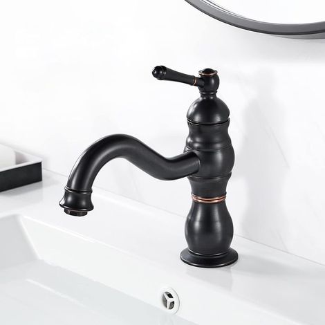Robinet Lavabo Noir Rétro, Pivotant à 360° Robinet Salle Bain, Monocommande Mitigeur Lavabo en Laiton,Robinets étro avec Chaude et Froide Réglable (1/4)