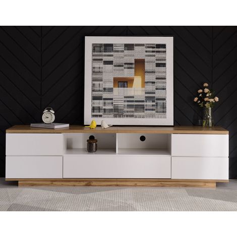 Meuble téléviseur blanc moderne, meuble TV imitation grain de bois, 180 cm de long