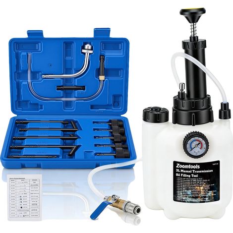 Bomba de fluido de transmisión, capacidad de 3 litros, 13 adaptadores incluidos, construcción duradera de plástico y metal, mecanismo de transferencia de aceite eficiente, diseño fácil de usar. (1/5)