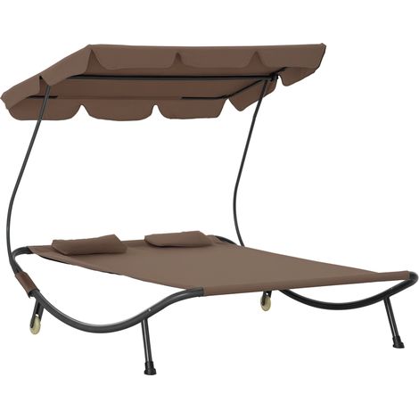 Doppelte Sonnenliege für 2 Personen mit verstellbarem Sonnendach für Garten und Terrasse, 200 x 175 x 134 cm, Braun