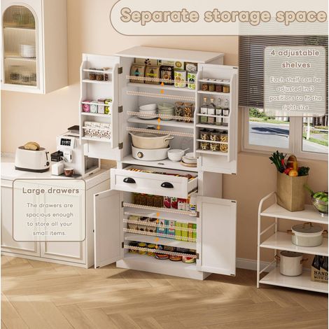 Armoire de rangement 182 cm, 4 portes, 1 tiroir, 6 compartiments, MDF, blanc
