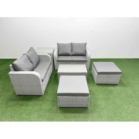 Fimous 6 Seater Outdoor Love Sofa Set Rattan Garden Furniture Set with Rectangular Coffee Table 2 Footstool Side Table Light Grey (1/4)