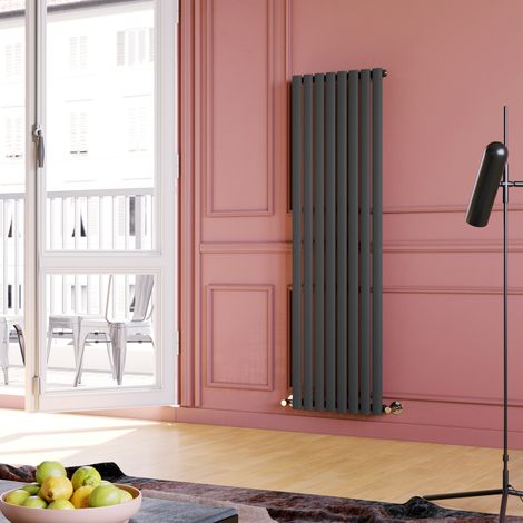 ELEGANT Central Heating Radiator 1600 x 472mm Vertical Anthracite Single Panel Oval Column Rad + Angled Radiator Valves (1/5)