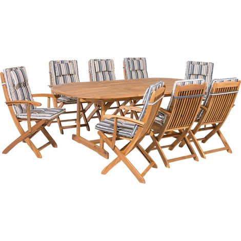 Conjunto de comedor de jardín de madera de acacia clara con cojines a rayas azul beige mesa para 8 personas sillas plegables Maui (1/5)