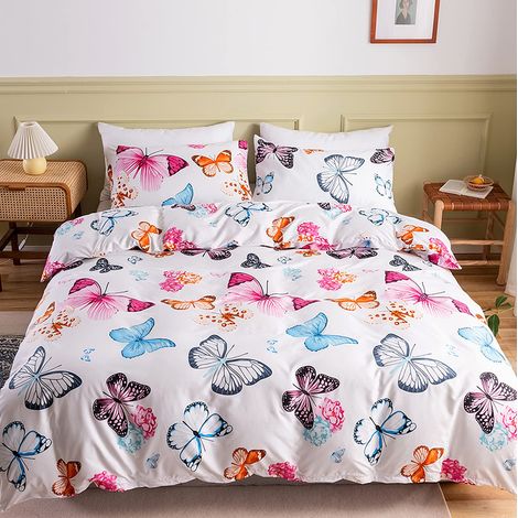 Parure de lit 135 x 200 cm en microfibre pour femme et fille Motif papillon multicolore Housse de couette simple avec taie d'oreiller 80 x 80 cm (1/5)
