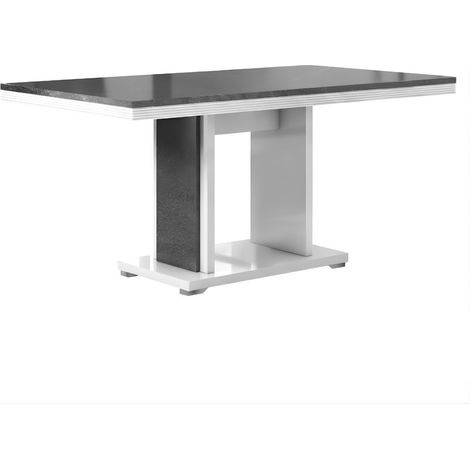 Table repas 160x90cm pied central laqué blanc et imitation granit gris - NEWELL