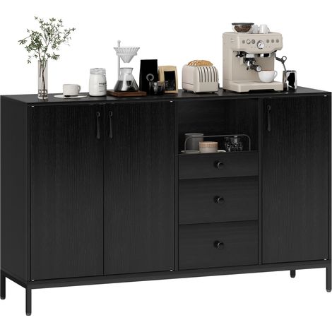HOMCOM aparador de 3 puertas, aparador de salón con 3 cajones, estantes ajustables, para cocina, entrada, comedor, dormitorio, negro, 143,5x40x90 cm