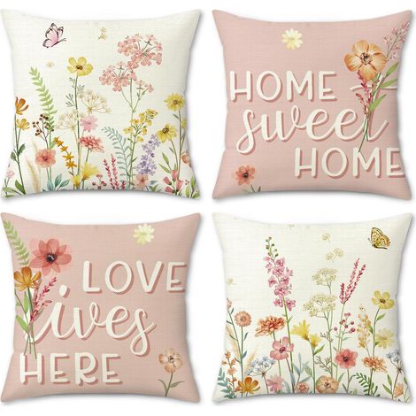 Housses de coussin en lin à fleurs de printemps, ensemble pour la maison avec impression recto-verso - Housse de coussin en lin 45x45cm - Lot de 4 (sans rembourrage)