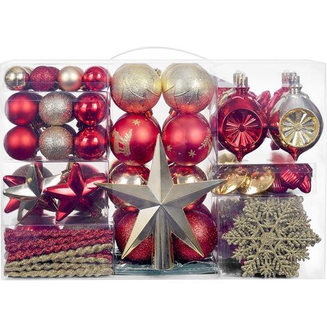 QAZQA Boules de Noel Decoration Sapin Noel Or et Rouge 136 Pièces en 23 Types, Boîte de Boules de Noël en Plastique Incassable avec Cintre, Ornements Décoratifs Pendentifs Cadeaux (1/5)