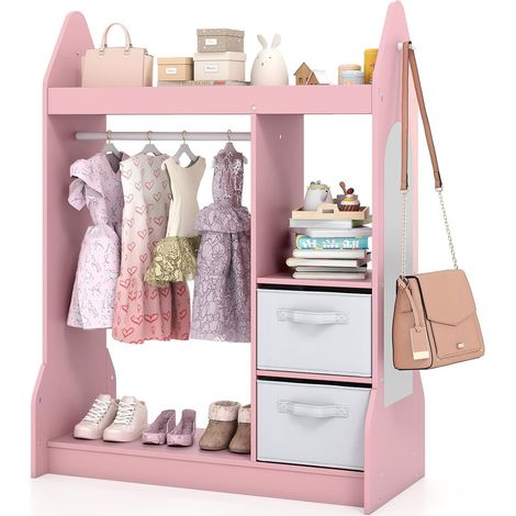 COSTWAY Guardaroba per Bambini, Armadio Gioco con Specchio Appendiabiti, Cassette in Tessuto Pieghevoli, Organizer per Stanza e Camera da Letto, 81 x 38 x 107 cm (Rosa) (1/5)