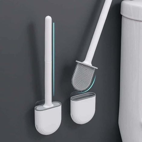 porta scopino per WC in silicone con manico lungo antiscivolo in plastica e setole flessibili, porta scopino per WC ad asciugatura rapida (1/4)