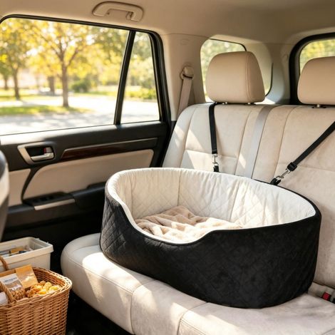 Asiento de coche para perro 77x43x28 cm de poliéster negro con fijación estable - MEUBLIV (1/5)