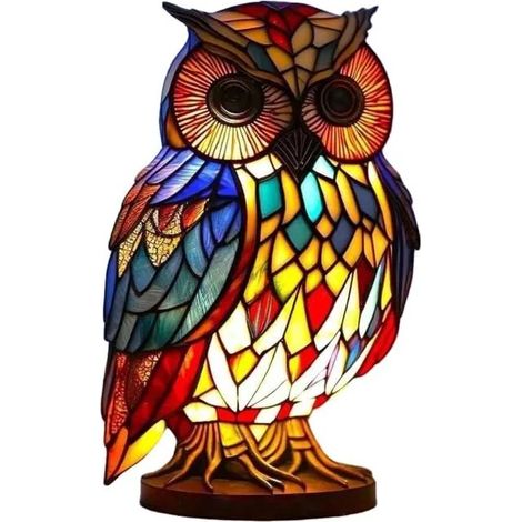 Lampe hibou d'Halloween en vitrail, lanterne de bureau en résine, veilleuse décorative chaleureuse (1/5)