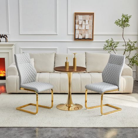 Ensemble de salle à manger MDF décor noyer et métal doré, table ronde H72 cm avec 2 chaises gris clair en PU (1/5)
