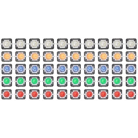 Lot 50 mini interrupteurs tactiles momentanés réinitialisables – 5 couleurs – Voyant LED 12V CC – Pour prototypes et bricolage électronique